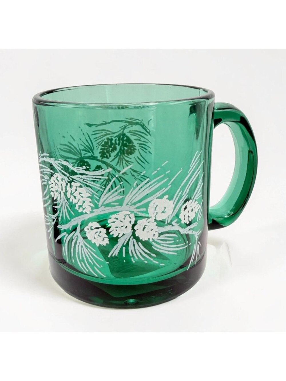 Green Glass Coffee Mug Cup Evergreen Tree Branch White Pinecones Christmas